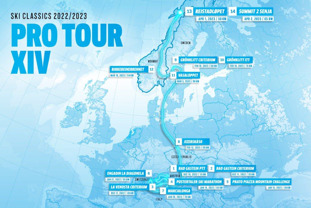 Карта этапов XIV сезона серии лыжных марафонов Ски Классикс 2022/23